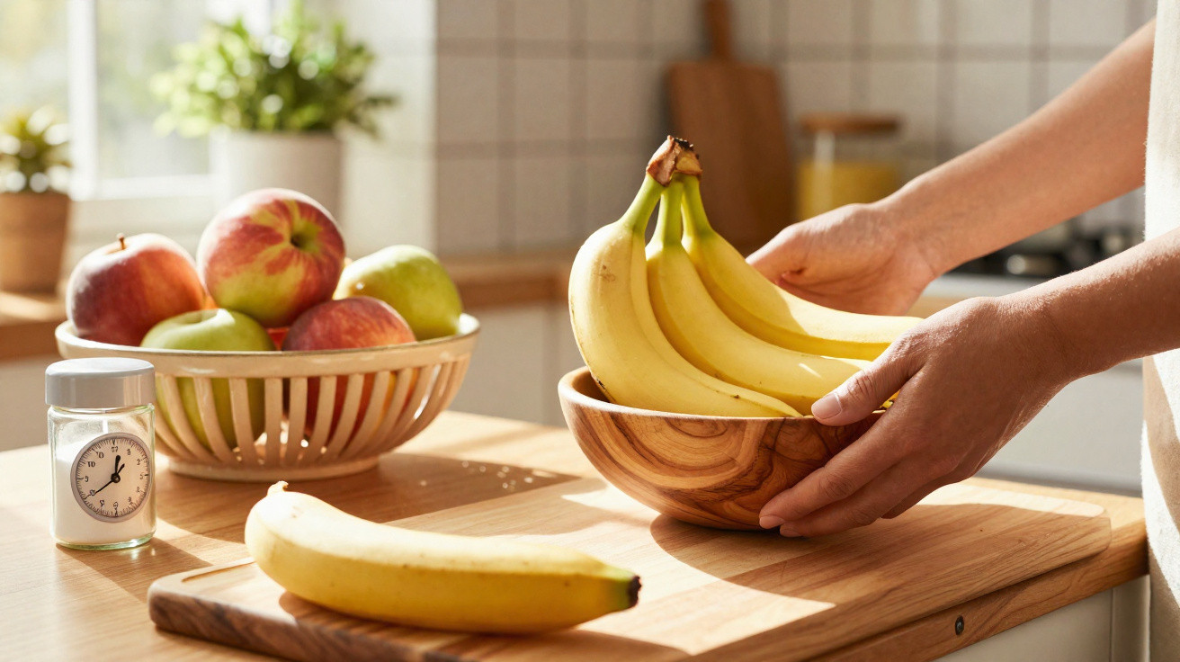 Pessoa a colocar um cacho de bananas numa tigela de madeira numa cozinha iluminada pela luz natural.