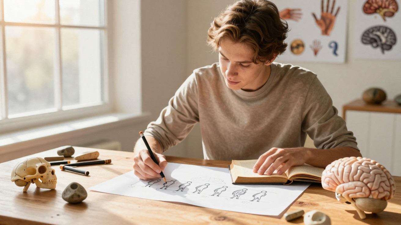 Jovem a desenhar evolução humana numa folha, com modelos anatómicos de crânio e cérebro numa mesa de estudo.