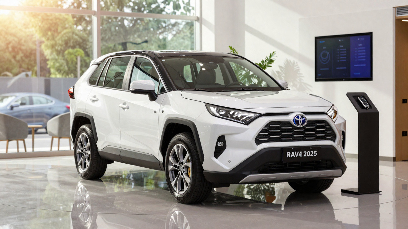 Toyota RAV4 2025 branco exposto num showroom moderno com grandes janelas e chão brilhante.