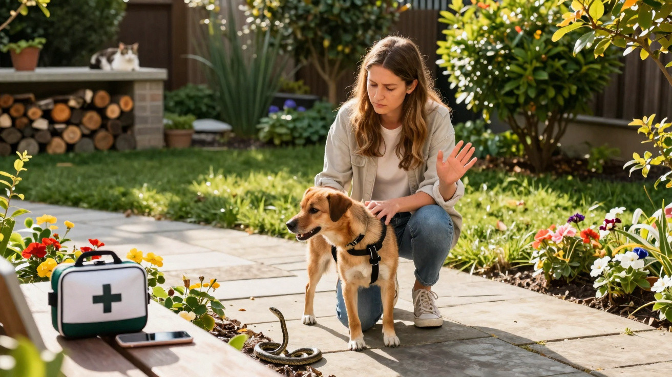 Mulher protege cão e afasta cobra num jardim com kit de primeiros socorros visível.