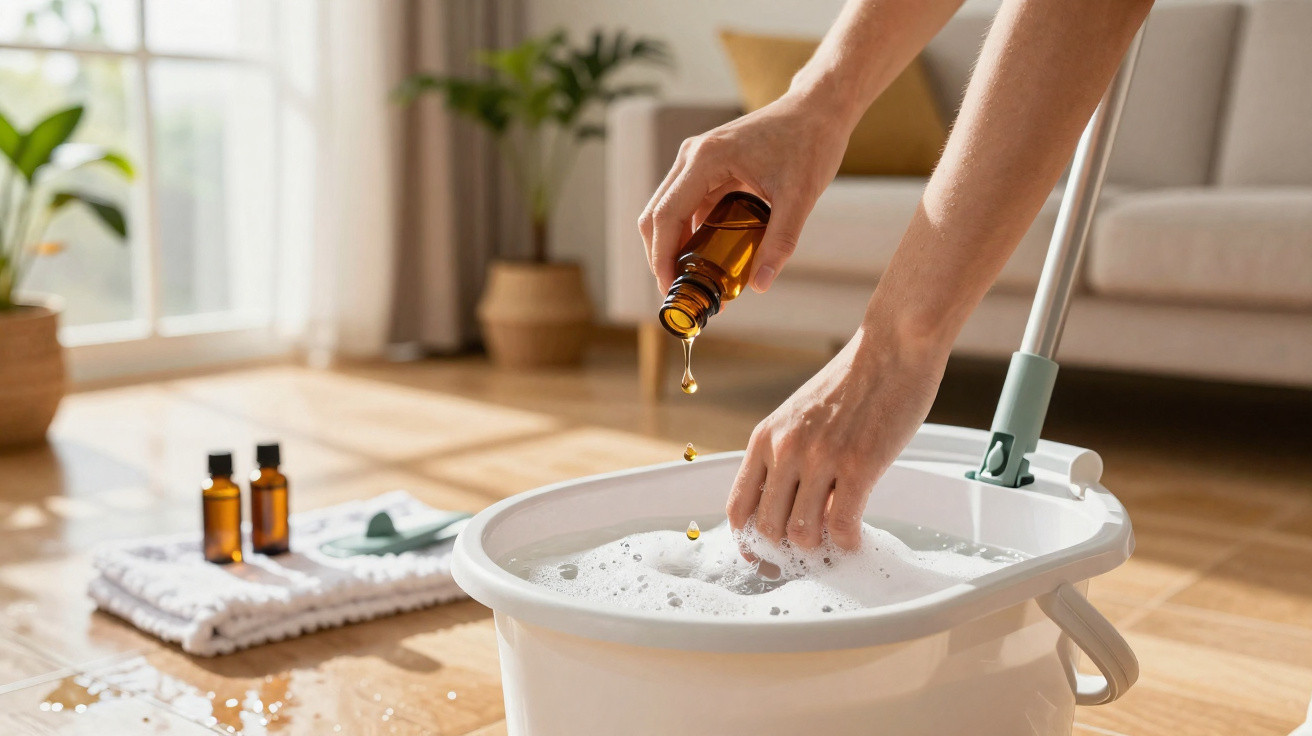 Mãos a colocar gotas de óleo essencial num balde com água e espuma para limpeza doméstica.