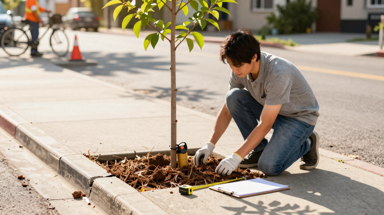 Pessoa a plantar uma árvore jovem numa calçada urbana, usando luvas brancas e registo numa prancha.