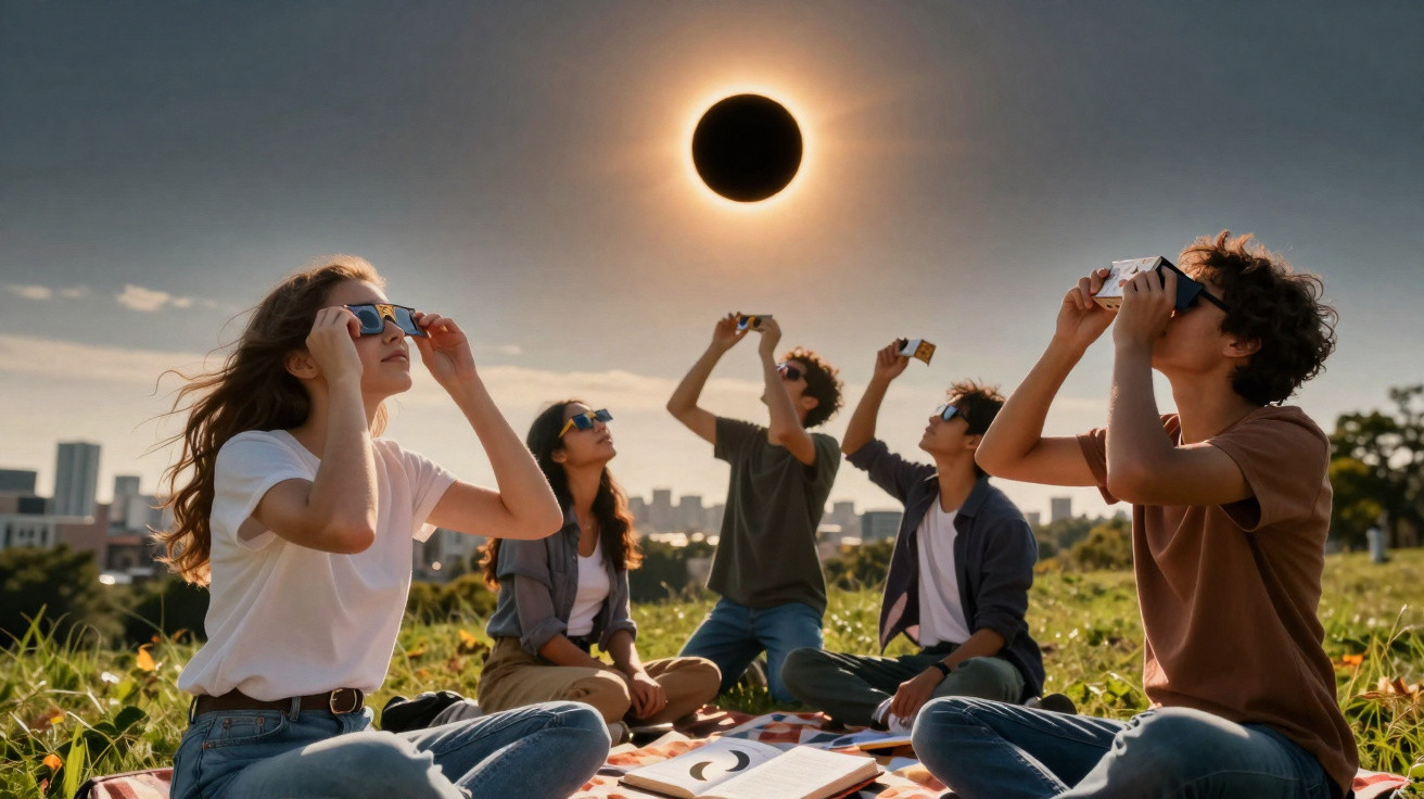 Grupo de jovens sentados num prado a observar o eclipse solar com óculos especiais.