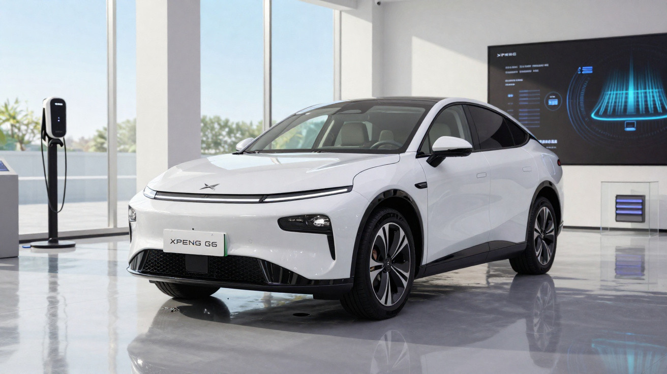 Carro elétrico branco XPeng G6 estacionado em showroom moderno com estação de carregamento e ecrã digital.