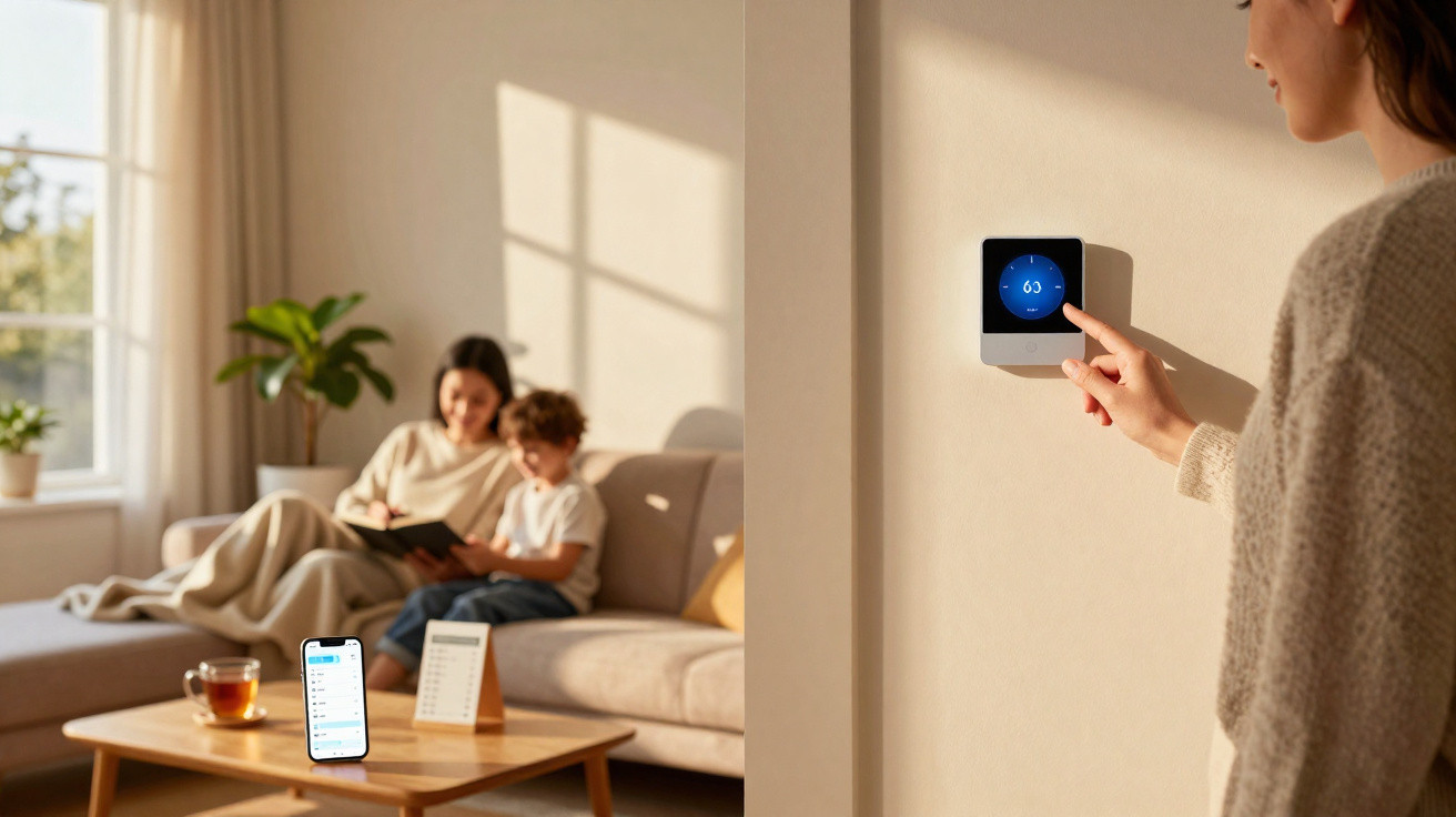 Pessoa ajusta termostato digital na parede com criança e adulto sentados no sofá ao fundo numa sala iluminada.