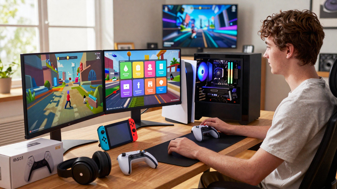 Jovem sentado a jogar num PC com dois monitores, comandos, consola portátil e auscultadores numa secretária.