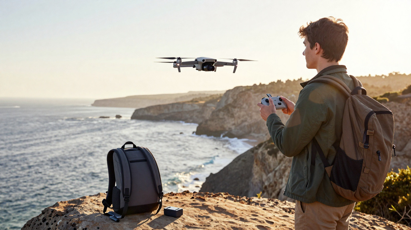 Jovem pilota drone com comando junto a mochila, em penhasco com vista para o mar ao pôr do sol.