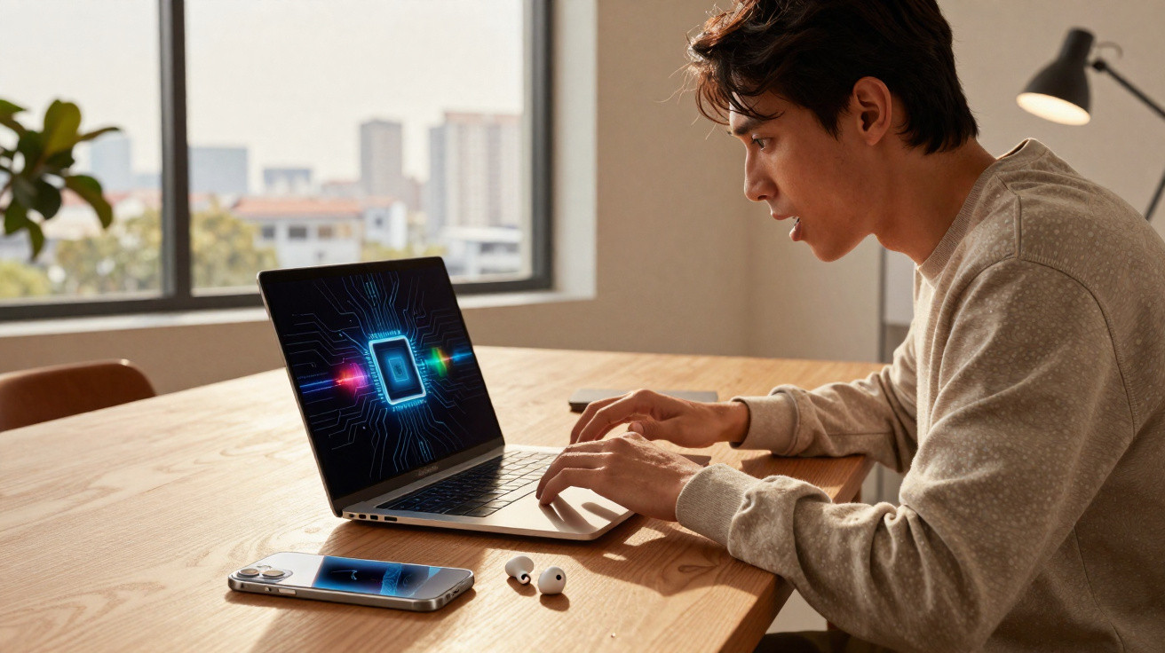Jovem a usar um laptop numa mesa, com um smartphone e auriculares sem fios próximos, em ambiente iluminado.