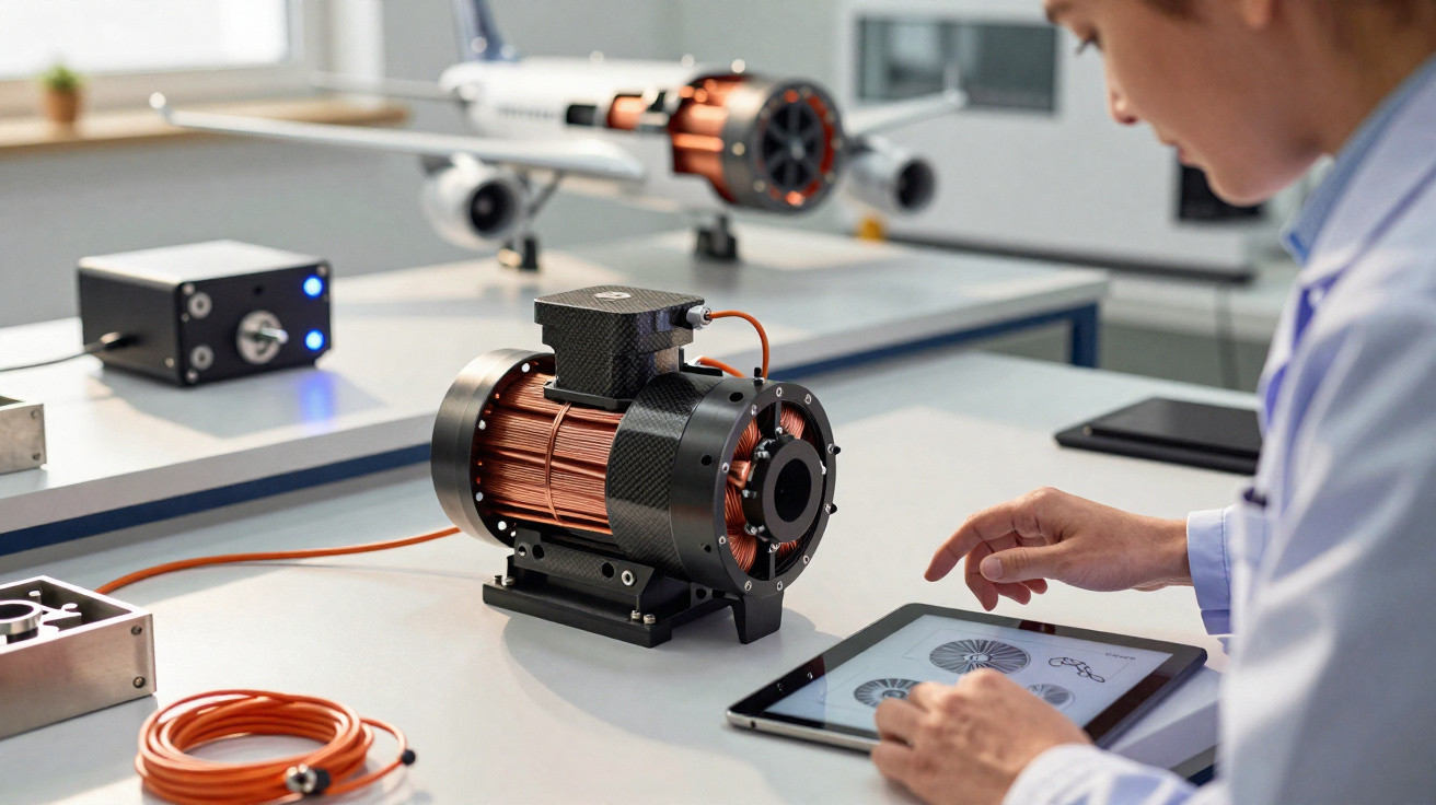 Pessoa a usar tablet para analisar motor elétrico em bancada de laboratório com maquete de avião ao fundo.