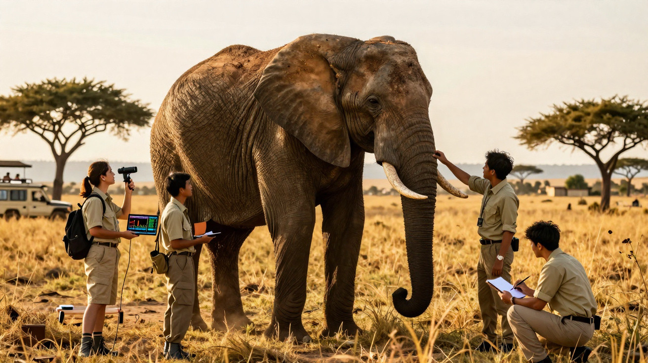Equipa de investigadores em savana africana observam e estudam elefante adulto junto a veículo de safári.