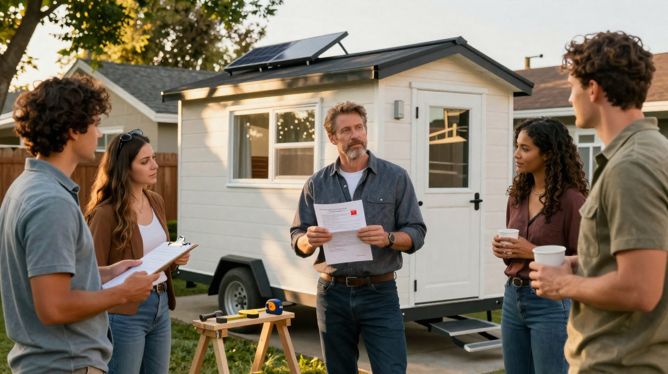 Grupo de cinco pessoas a discutir junto a uma tiny house com painéis solares no telhado.