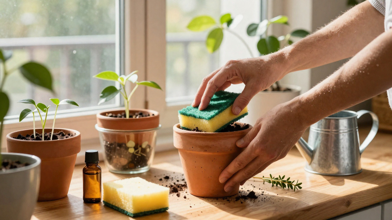 Mãos a plantar ou cuidar de pequenas plantas em vasos de barro num parapeito junto à janela com luz natural.