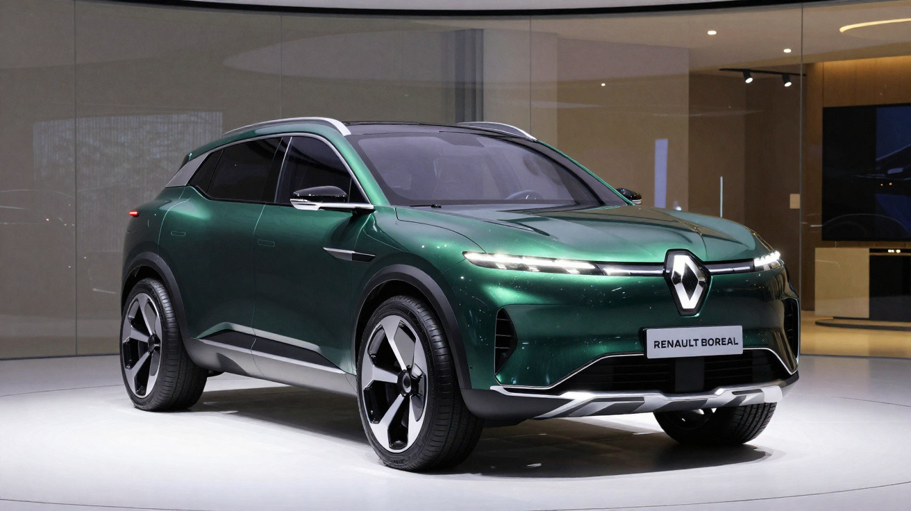 Renault Boreal verde metálico em exposição, SUV moderno com design aerodinâmico e faróis LED finos.