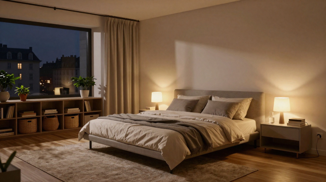 Quarto moderno à noite com cama de casal, iluminação suave, planta junto à janela grande e móveis de madeira clara.
