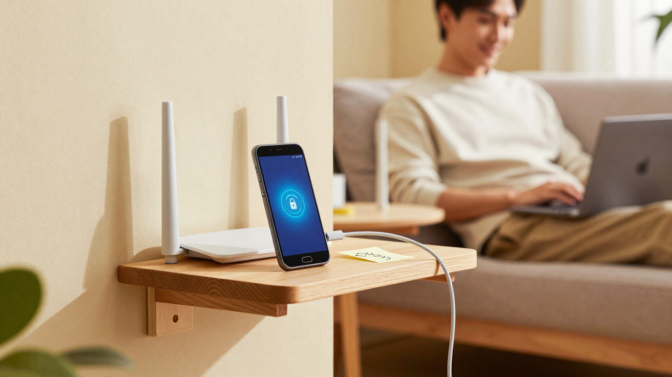Smartphone com ícone de segurança ligado a router numa prateleira, homem a usar portátil num sofá ao fundo.