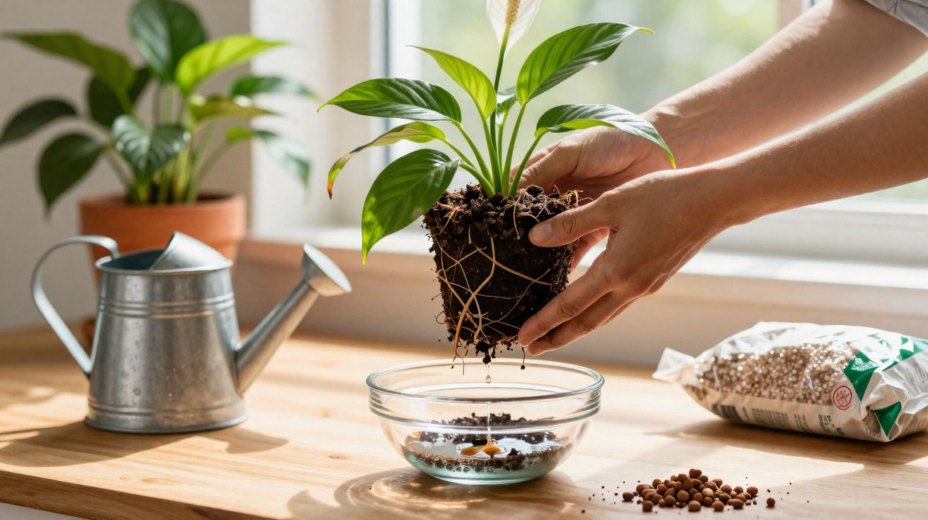 Mãos transplantam planta com raiz e terra para recipiente de vidro, ao lado de regador e saco de substrato.