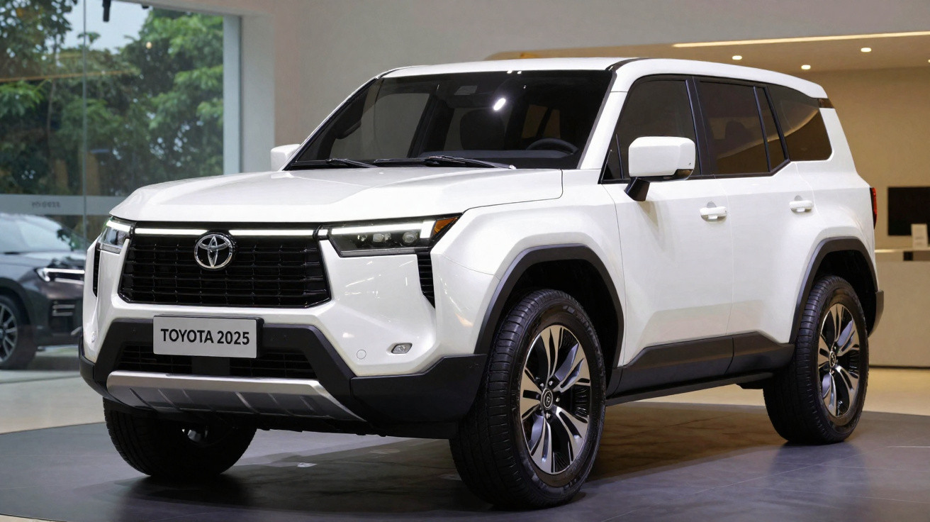 SUV Toyota branco modelo 2025 exposto em showroom moderno.