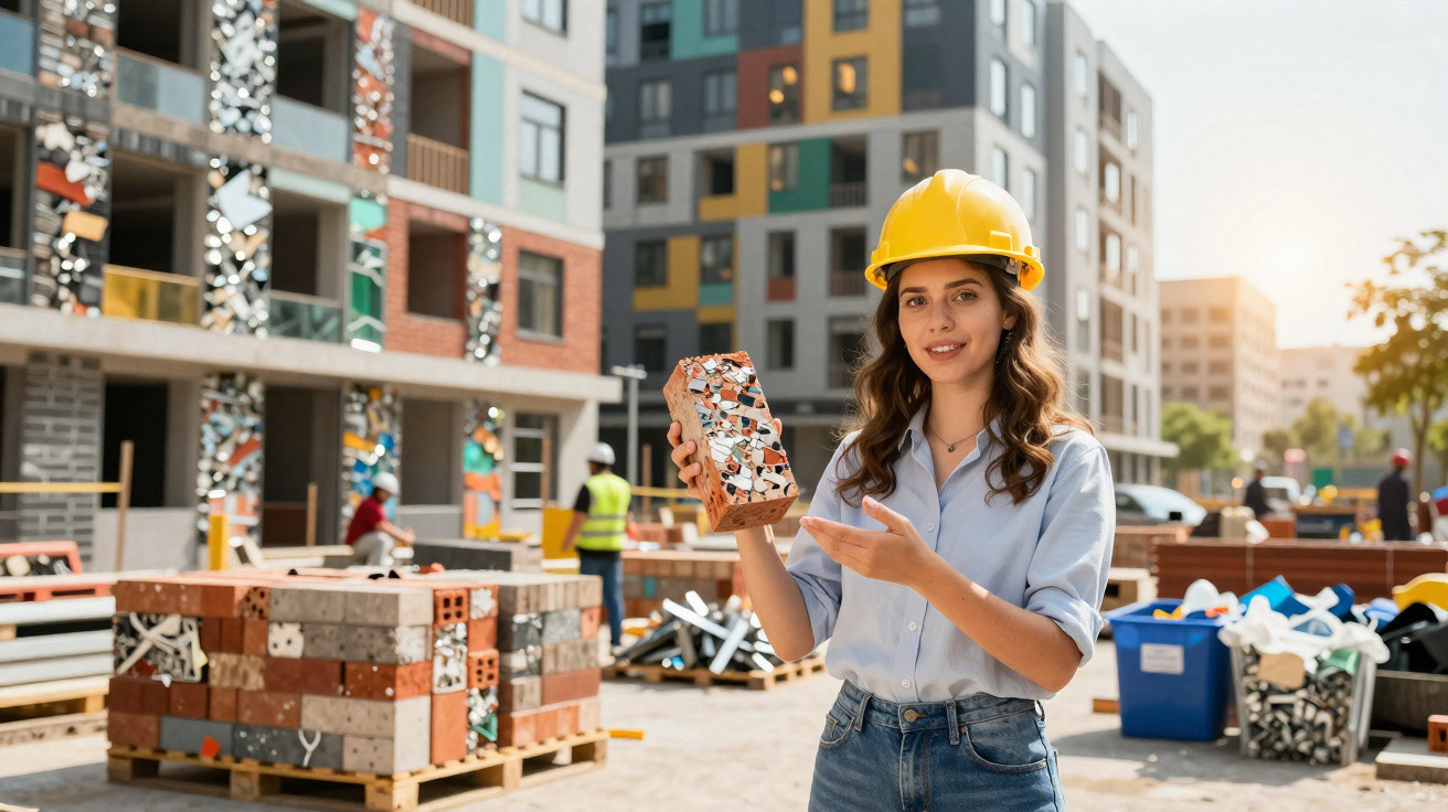 Mulher com capacete amarelo segura tijolo reciclado num estaleiro de construção urbano.