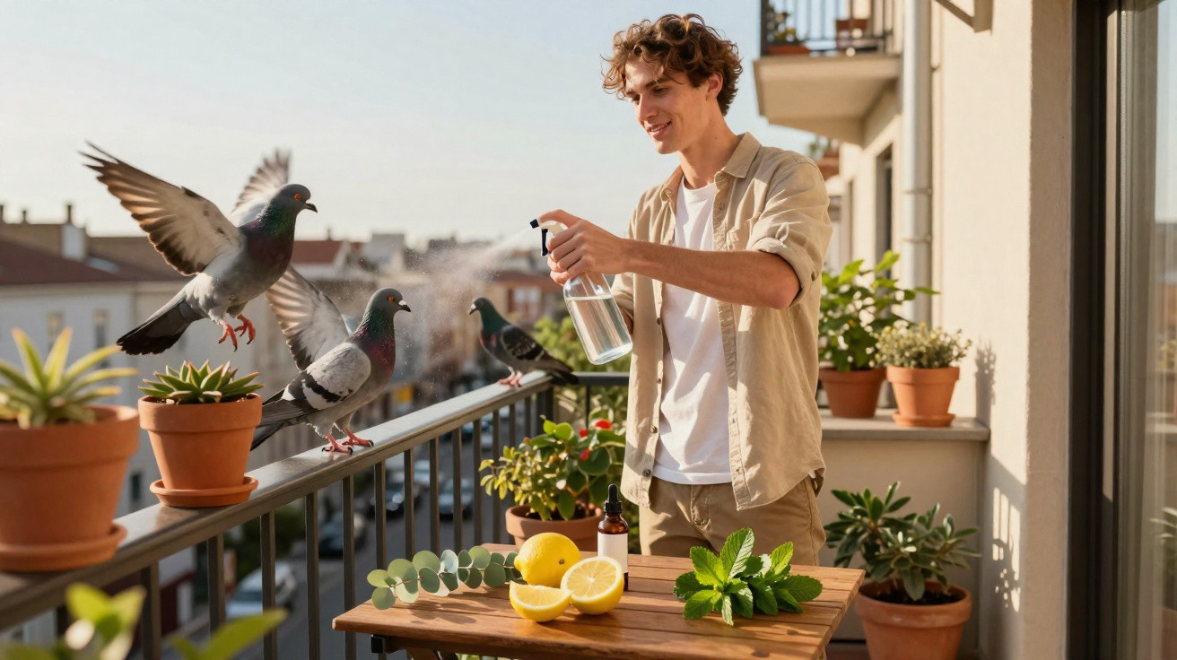 Jovem rega plantas e espanta pombos com pulverizador num terraço cheio de vasos ao amanhecer.