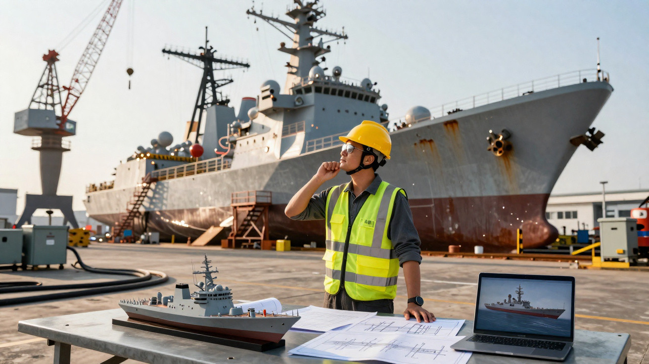Engenheiro naval com capacete e colete amarelo observa navio, na doca, com maquete e plantas na mesa.