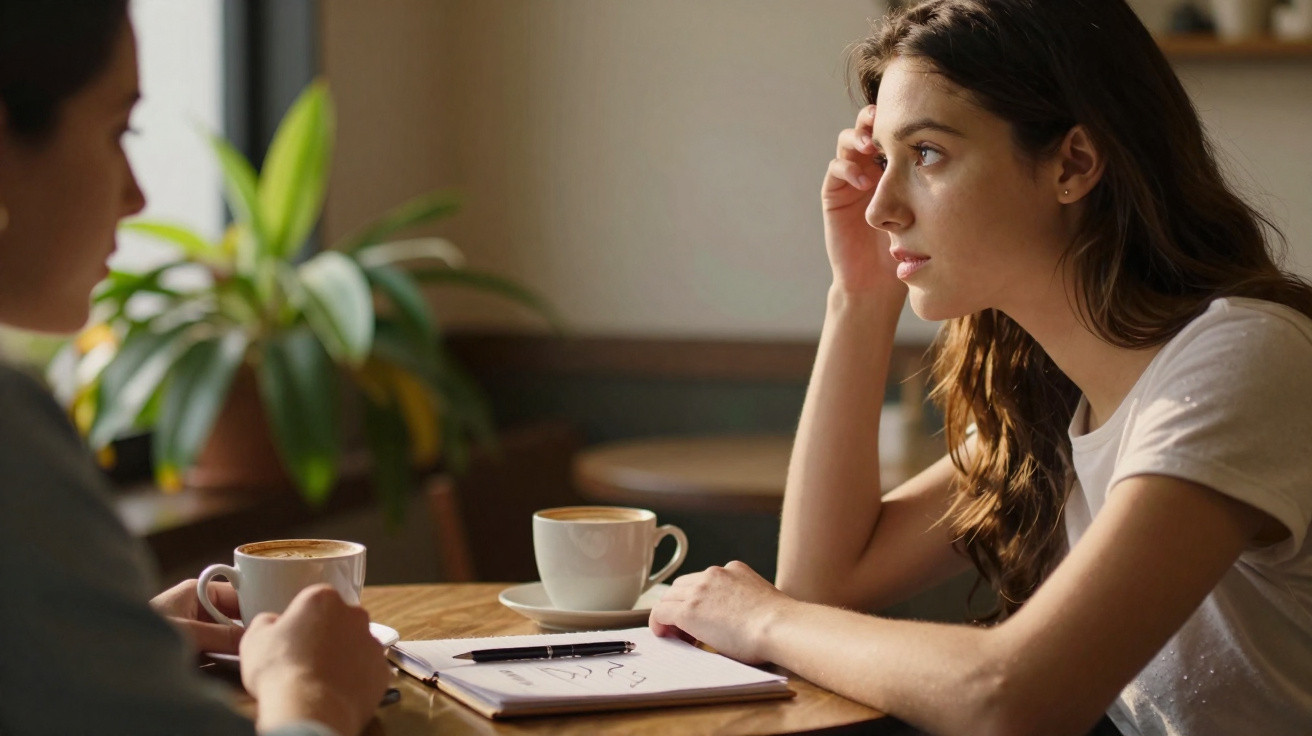 Duas pessoas sentadas à mesa com café e caderno, uma mulher olhando pensativa para o lado.