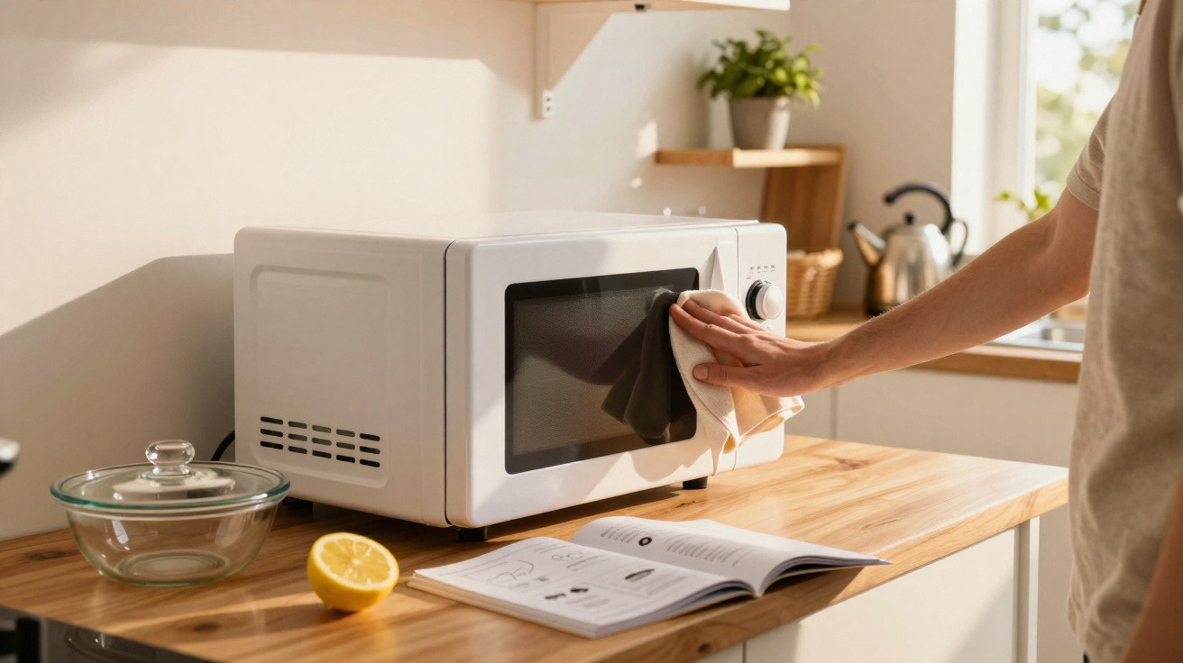Pessoa a limpar o micro-ondas branco na cozinha com pano, mesa de madeira com livro, limão e tigela de vidro.