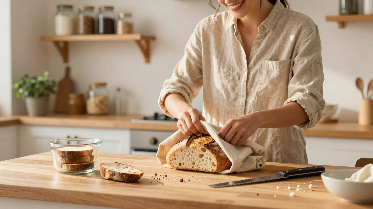 Mulher desembrulha pão caseiro numa cozinha luminosa com pão fatiado e faca serrilhada numa bancada de madeira.