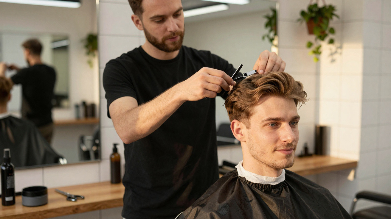 Cabeleireiro a cortar cabelo de homem jovem num salão moderno e iluminado.