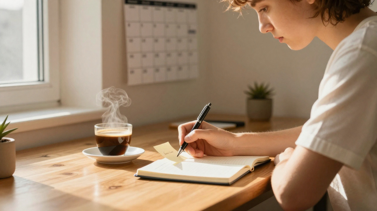 Pessoa a escrever num caderno numa mesa com um café quente e plantas, com calendário na parede.