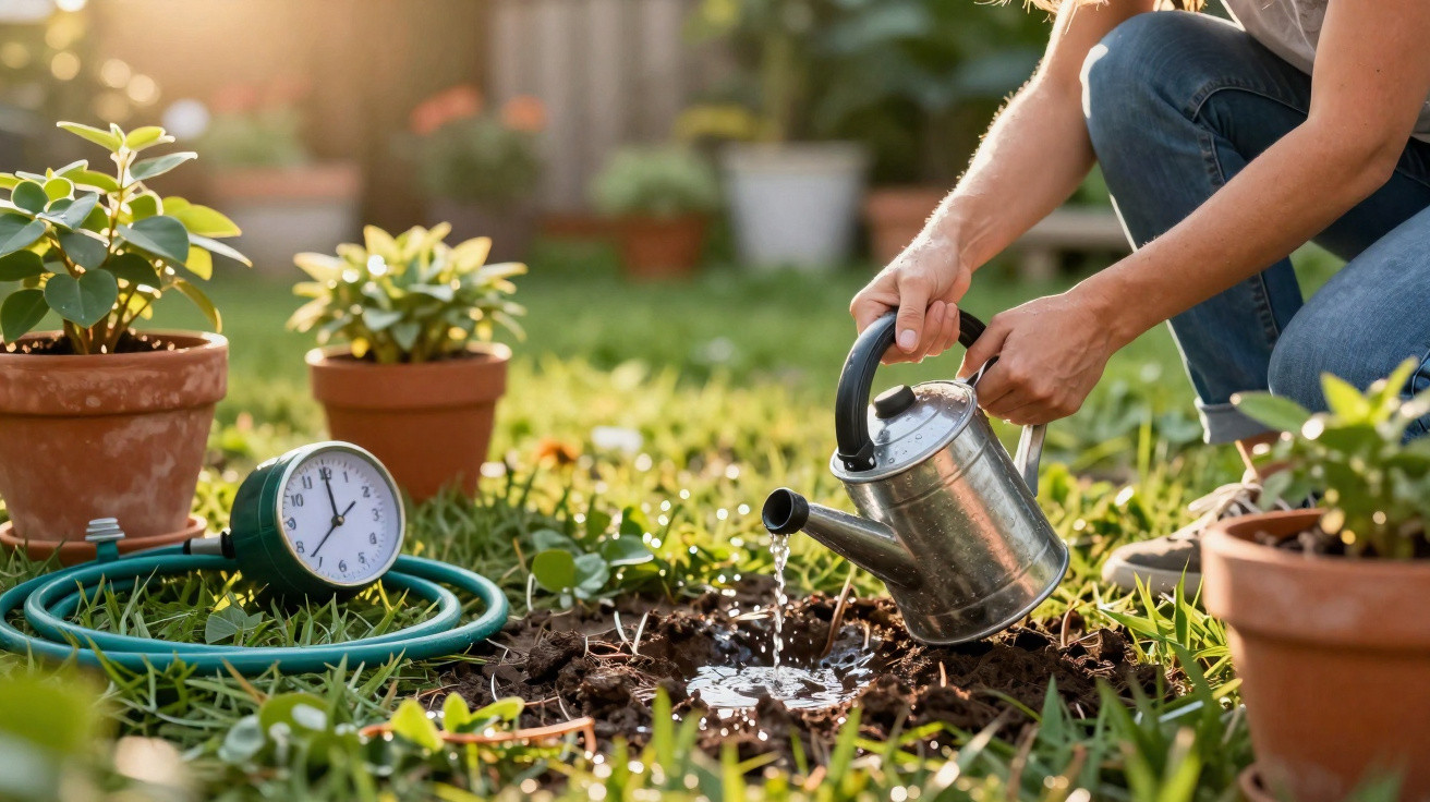 Pessoa a regar planta recém-plantada num jardim com regador de metal ao pôr do sol.