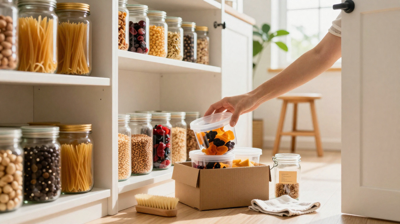 Pessoa a organizar frascos de alimentos secos numa despensa com prateleiras brancas e luz natural.