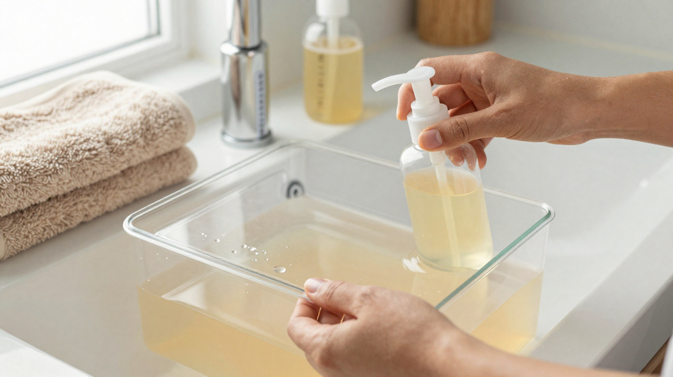 Mãos a limpar ou desinfetar um recipiente de plástico transparente numa casa de banho com toalhas castanhas.