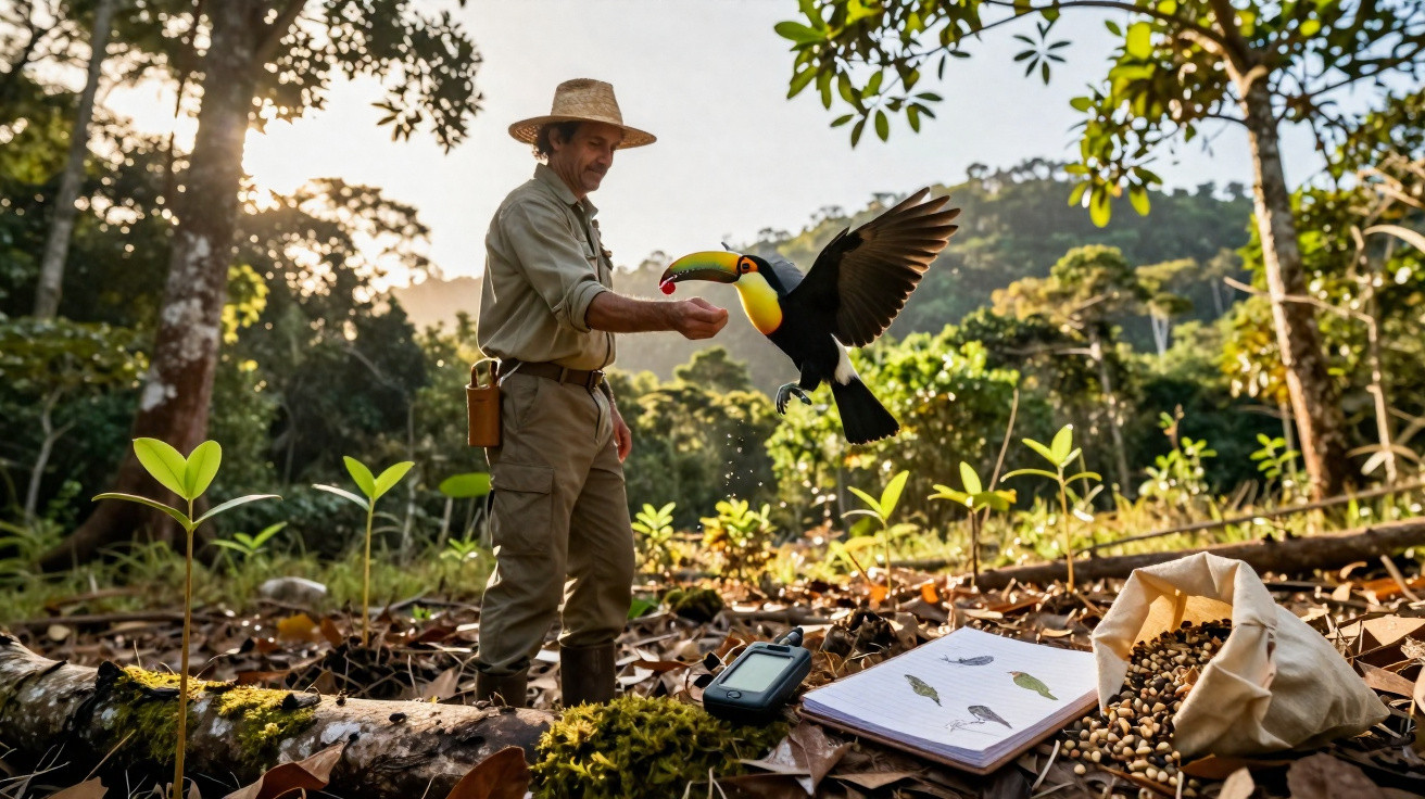 Homem alimenta tucano numa floresta, com caderno de observação e saco de sementes no chão.
