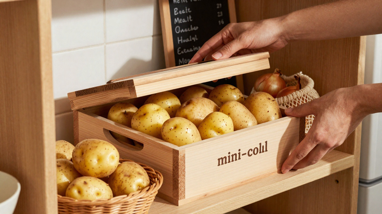 Caixa de madeira com batatas e mãos a abrir a tampa numa prateleira de cozinha.