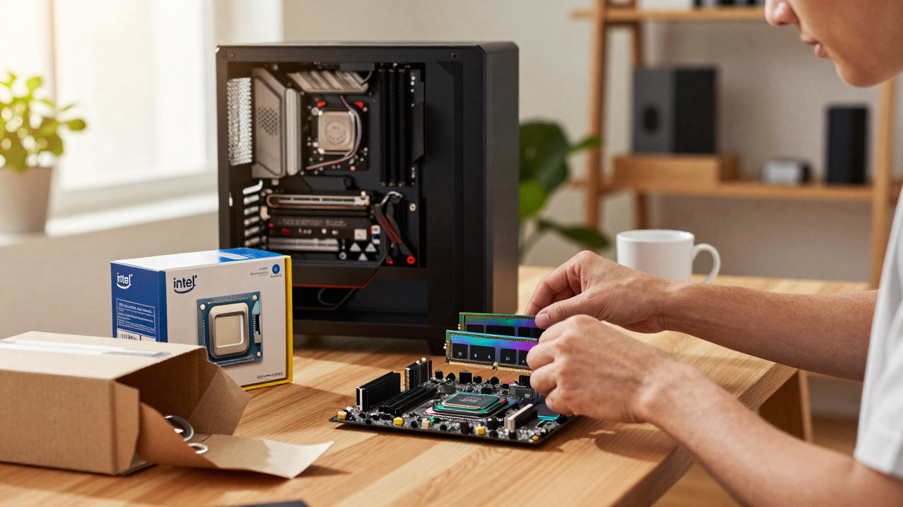 Pessoa a montar computador com peças na mesa, incluindo motherboard, memórias RAM e caixa aberta.