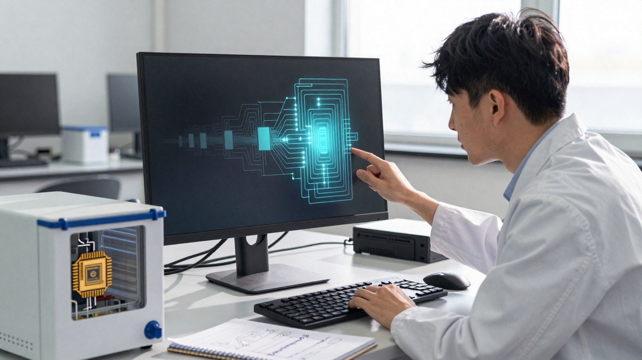 Tecnólogo analisa esquema digital de circuitos num monitor, com microchip em exposição num dispositivo ao lado.