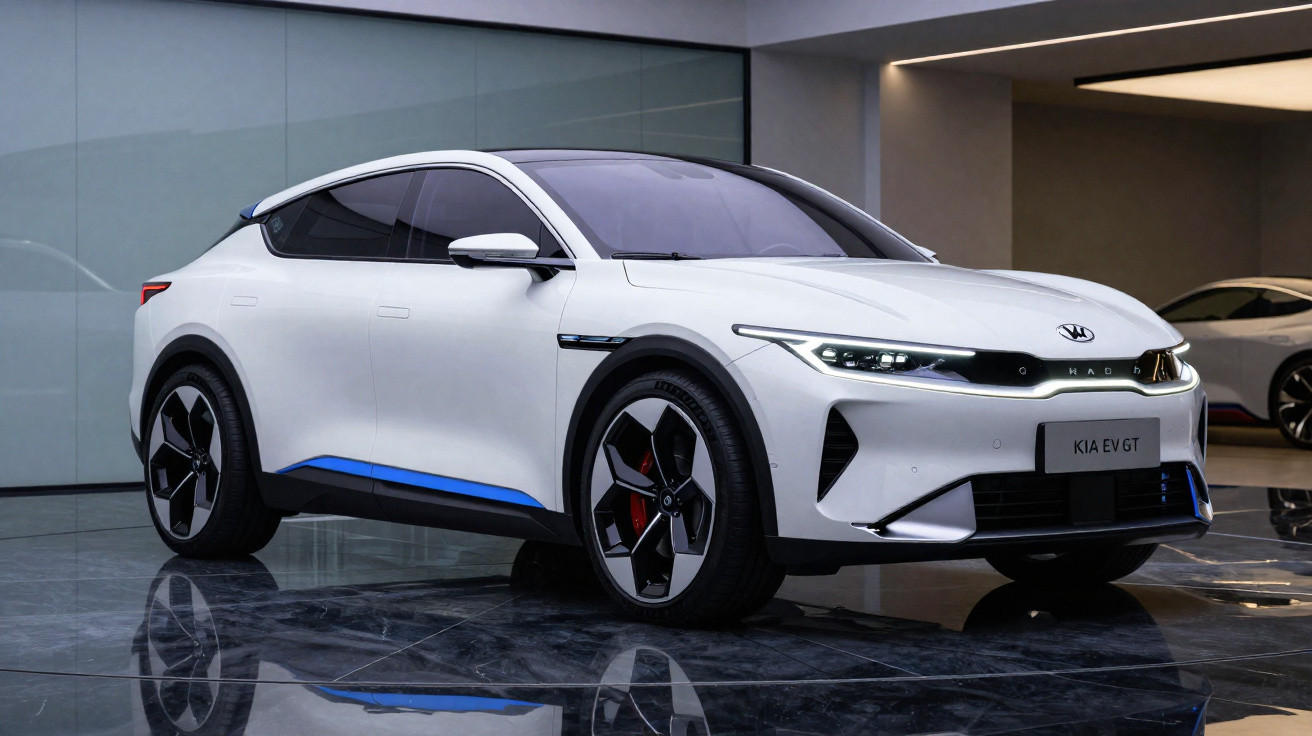 Carro elétrico Kia EV GT branco estacionado em showroom moderno com chão em mármore.