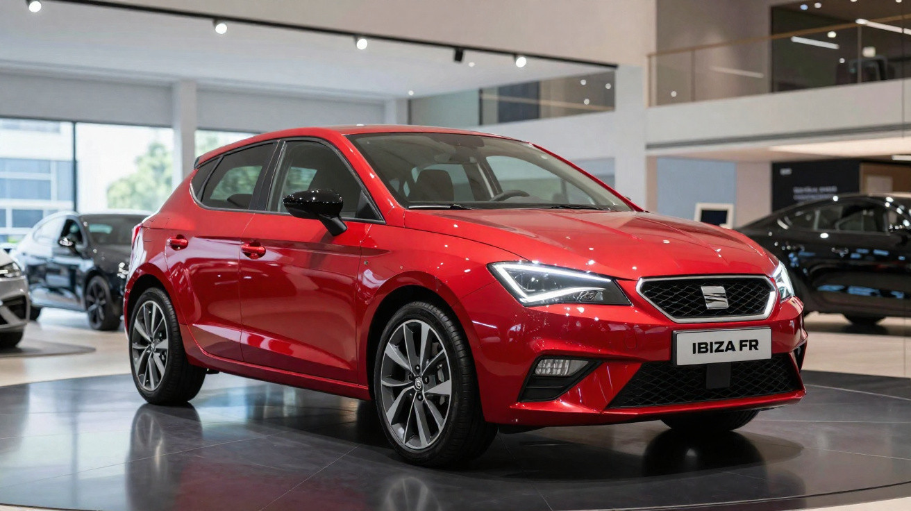 Carro vermelho SEAT Ibiza FR em exposição numa sala de showroom moderna e iluminada.