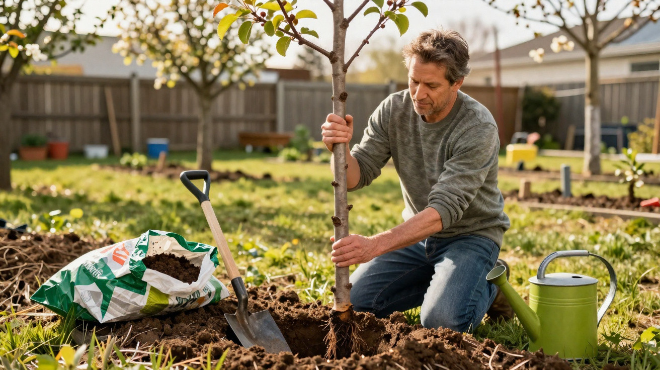 Homem a plantar uma árvore jovem num jardim, com pá, saco de terra e regador ao lado.