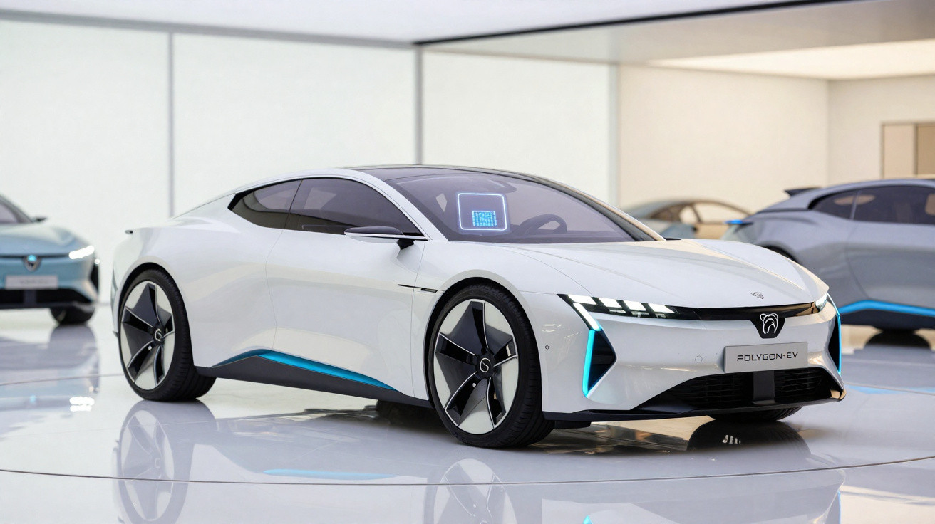 Carro desportivo elétrico branco, futurista, em exposição num salão automóvel moderno.