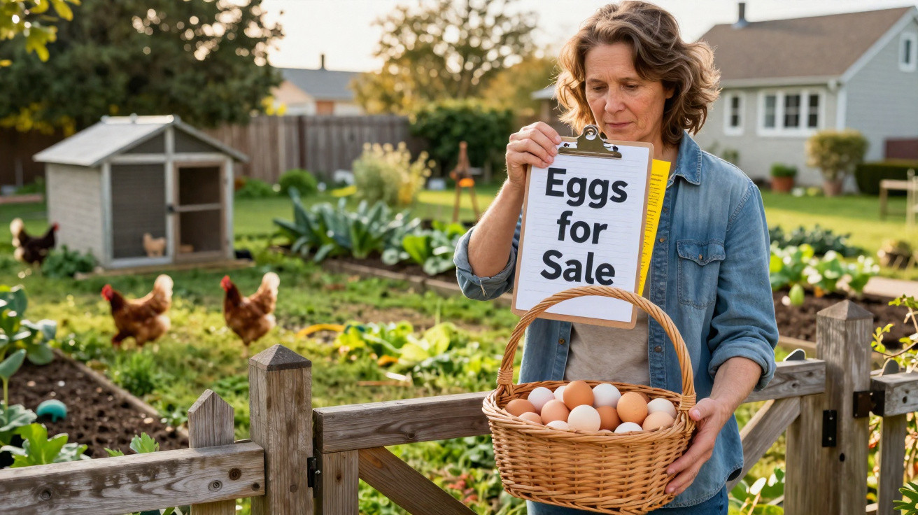 Mulher em quinta com cesta de ovos, segura placa em inglês "Eggs for Sale" junto a galinheiro e galinhas ao fundo.