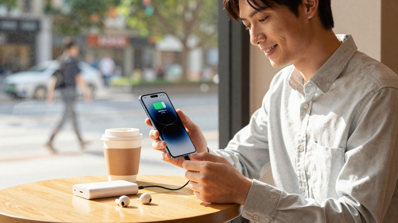 Homem sorridente sentado numa mesa a carregar um telemóvel com um power bank e café próximo, junto à janela.