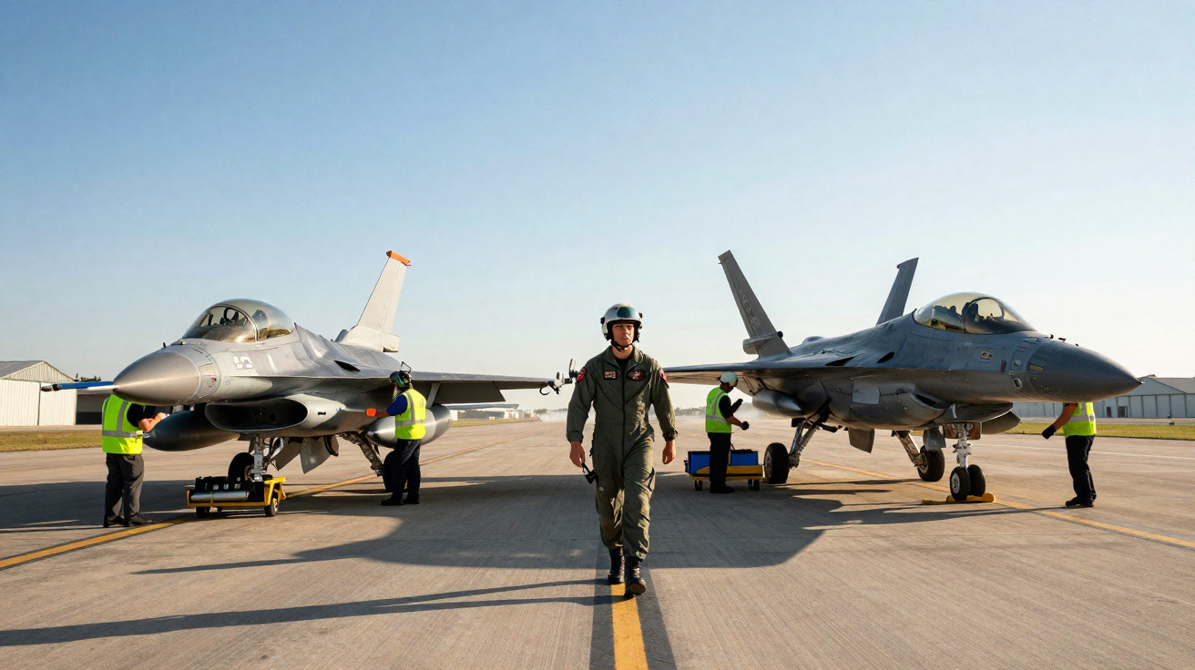 Piloto militar a caminhar na pista entre dois caças estacionados, com técnicos em coletes refletivos perto das aeronaves.