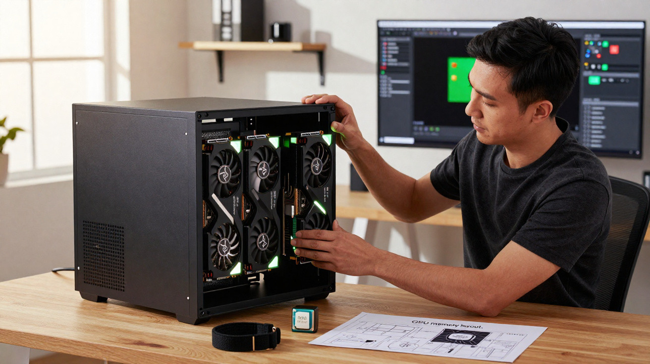Homem a montar computador com várias placas gráficas, processador Intel e esquemas numa mesa de escritório.