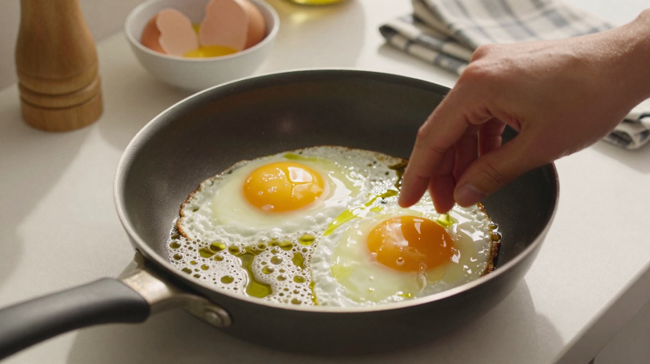 Dois ovos a fritar numa frigideira com uma mão a temperar com óleo.