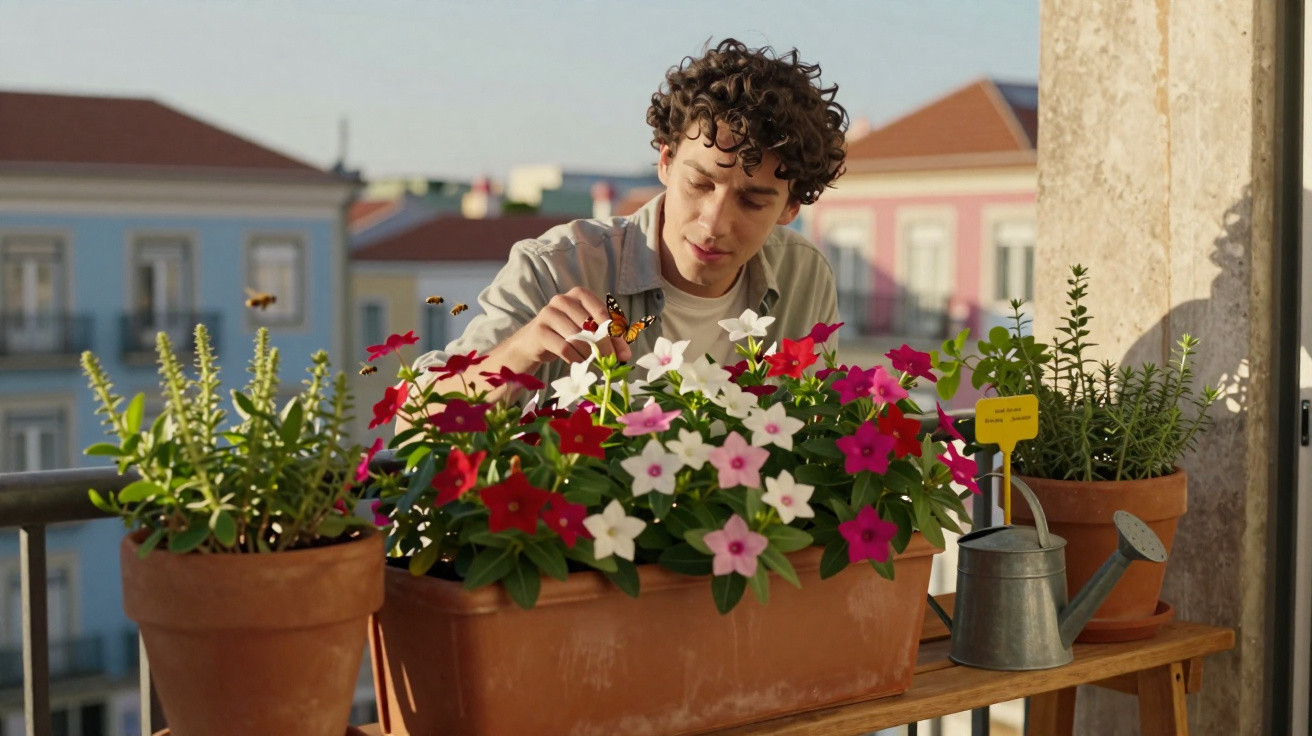 Pessoa a cuidar de flores coloridas num jardim urbano numa varanda ensolarada.