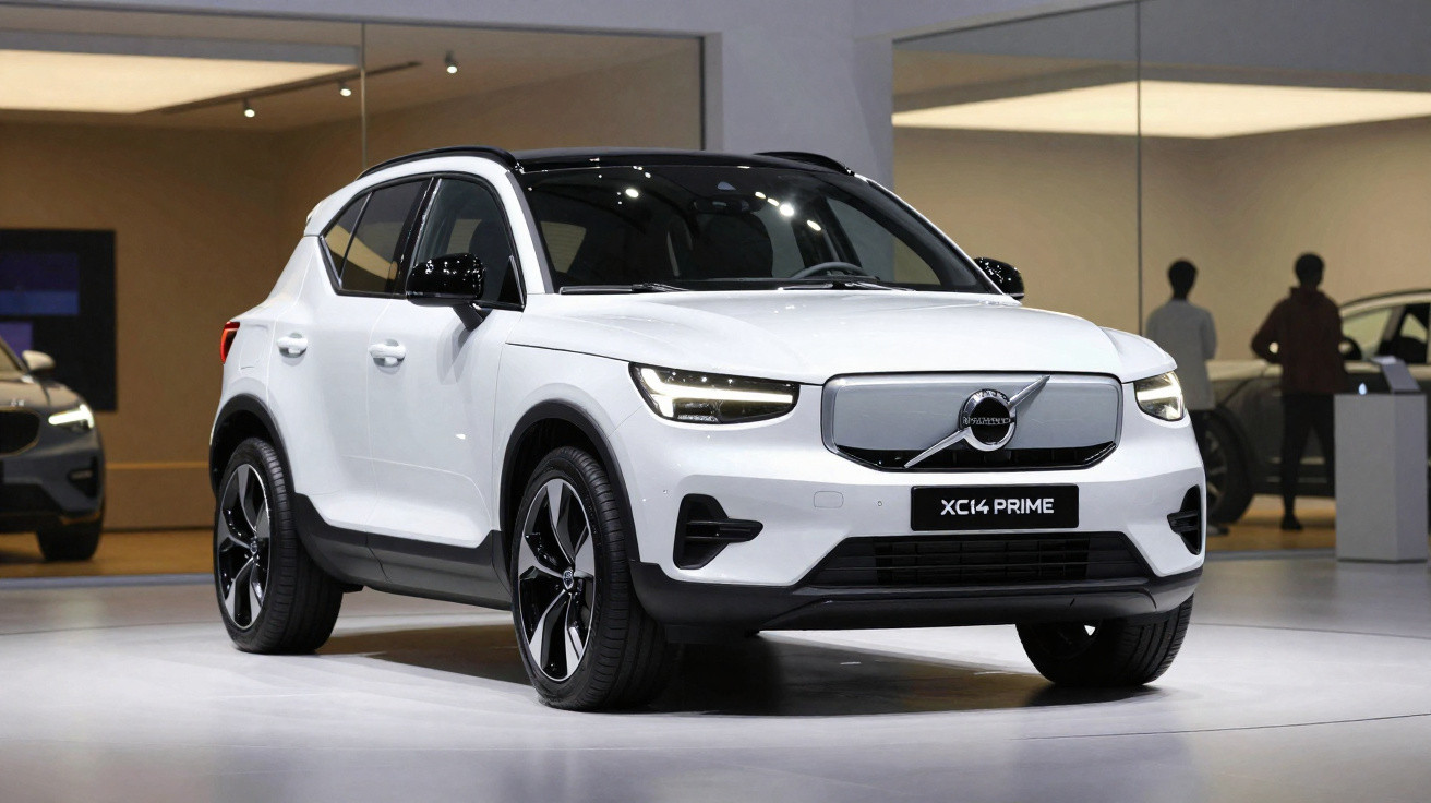 Carro eléctrico Volvo XC14 Prime branco exibido em salão automóvel moderno.