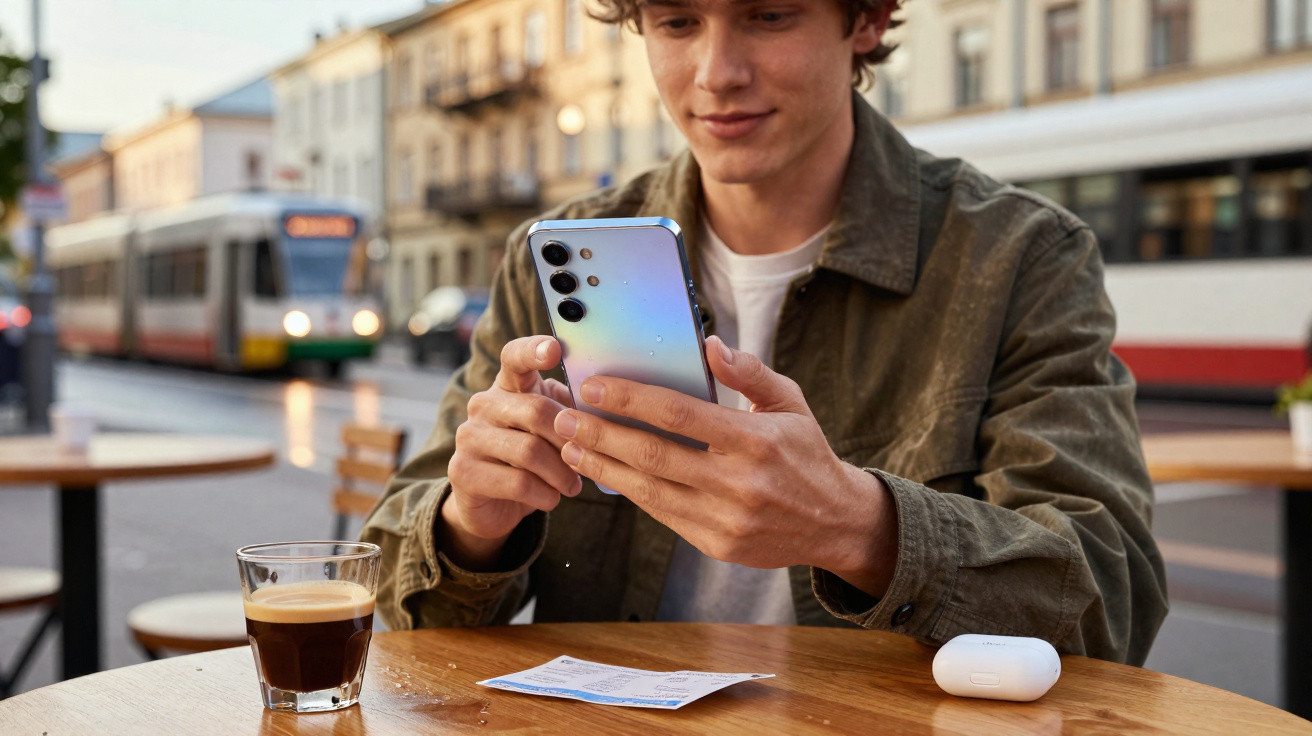 Jovem usa telemóvel num café ao ar livre com comboio a passar ao fundo e café na mesa.