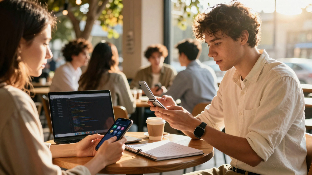 Jovens sentados numa mesa de café, a usar telemóveis e computador portátil ao ar livre.