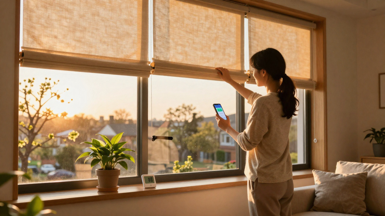 Mulher em casa a abrir estore durante amanhecer, segurando smartphone com aplicação aberta.